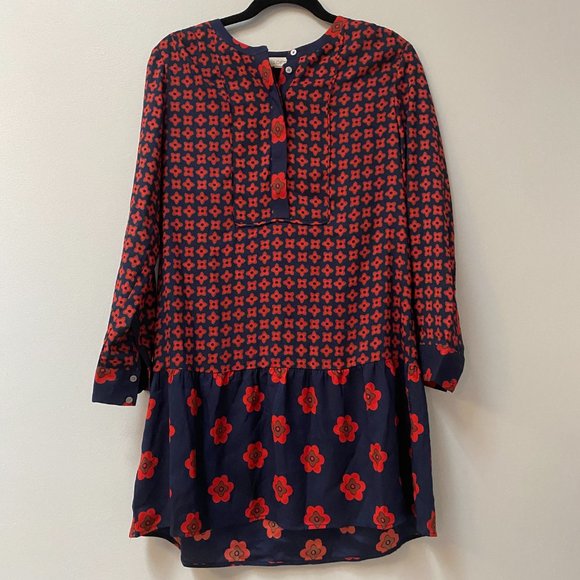 LOFT Red and Blue Abstract Floral Dropped Waist Dress Size Sp - Picture 2 of 11